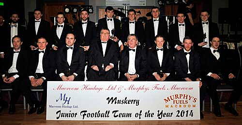Players selected on the Muskerry Junior Football Team of 2014 pictured with JJ Long, Muskerry GAA Chairman, and Paddy Murphy, of sponsors Macroom Haulage and Murphys Fuels.