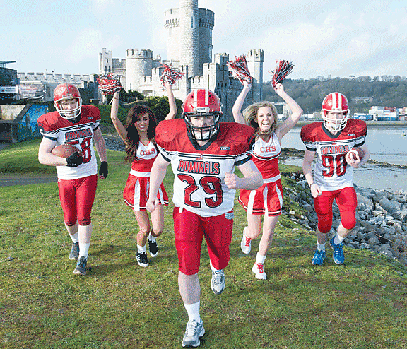 Ready for kick off: Cheerleaders Chloe Lynch and Kate Cummins, and Harris Monagan, Stuart Donaldson and Luke OCallaghan pictured at Blackrock Castle for the launch of The Cork Admirals annual Super Bowl party, which will be held in Dolphin RFC on Super 