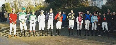 Mark of respect: ITHRF jockeys Patrick OBrien, Micheal Goggin Jnr, Deirdre Goggin, David Brickley, Maurice Ahern, John Helen, Jamie Hurley, Marie Moloney, Matthew OReilly, Jason OReilly and Timmy OLeary stand at the finishing line at Kilbarry road tro