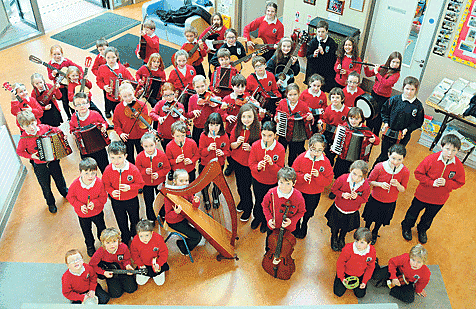 Some of the Gaelscoil Bheanntra&iacute; pupils who have benefitted from the grant which provided for musical instruments.                     