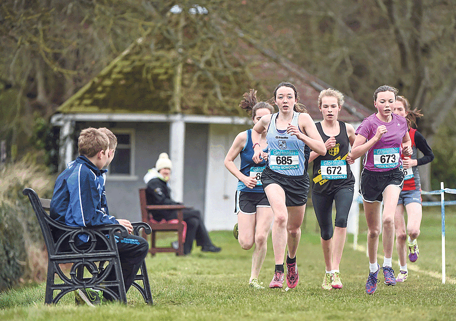 In the fast lane: Caoimhe Harrington, Col&aacute;iste Pobail Bheanntrai, left, leads the opening lap of the intermediate girls race, on her way to a fantastic overall win, during the GloHealth All-Ireland Schools Cross-Country Championships at Clongowes Wood C