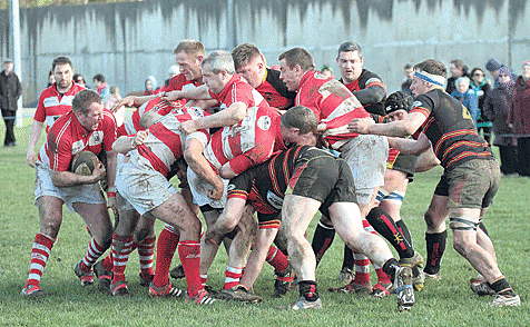 PUSH! With Skibbereens Kieran Shannon acting as a ball carrier, the maul attempts to advance goalwards while the Old Christians defence attempts to slow everything down this Munster Junior League game on Sunday.