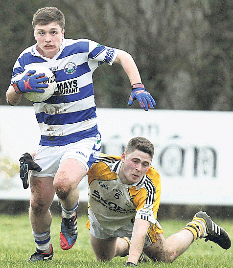On the run: Castlehavens Patrick Bohane breaks away from Bandons Eoghan Ryan during the Clona Milk U21 A football championship quarter-final at Clonakilty on Saturday.