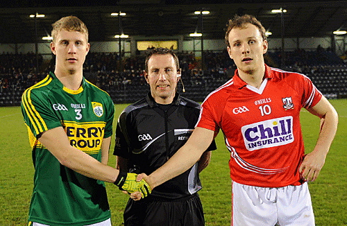 Captains Gavin Crowley (Kerry) and Brian ODriscoll (Cork) with referee Derek OMahoney before the EirGrid Munster U21 FC semi-final.