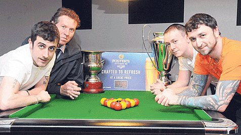 A big deal: Eric Coogan, Heineken Ireland, pictured in the Cosy Cabin, Bantry, at the launch of their sponsorship of the West Cork Pool League, with West Cork Pool Association officers, Terence Gibbs, treasurer, Darren OHea, PRO, and Dave Creedon, secret