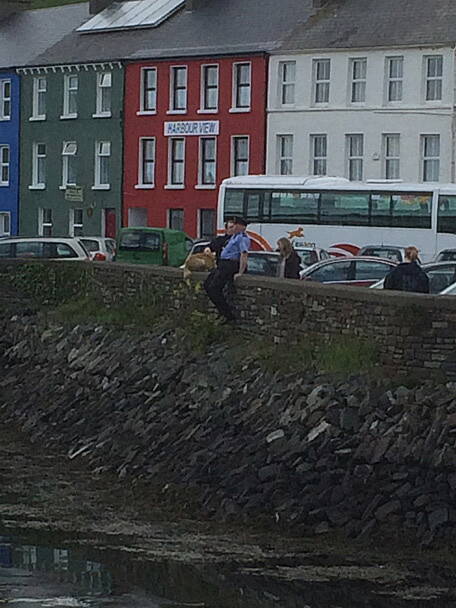 Gda John Dowling and Gda Jamie Meaney at the quay wall in Bantry with the rescued labrador