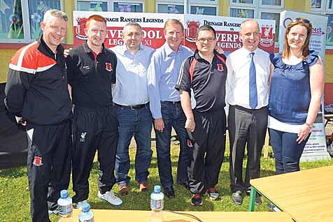 launching the forthcoming Liverpool Legends v Drinagh Rangers Legends match at Drinagh on Monday were true Liverpool legend Ronnie Whelan (centre) with  from left  Declan Deasy, Micheal John Doolan, David Hall, event organiser; Don Hurley, Jim Daly TD a