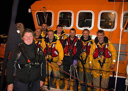 Lone single sailor Claire Templar, who was sailing from Falmouth to Baltimore, pictured with the crew of the Courtmacsherry Lifeboat, who rescued her. Crew (left to right): Dave Phillips, Kevin Young, Dara Gannon, Dean Hennessy, Stuart Russell, Gearoid O