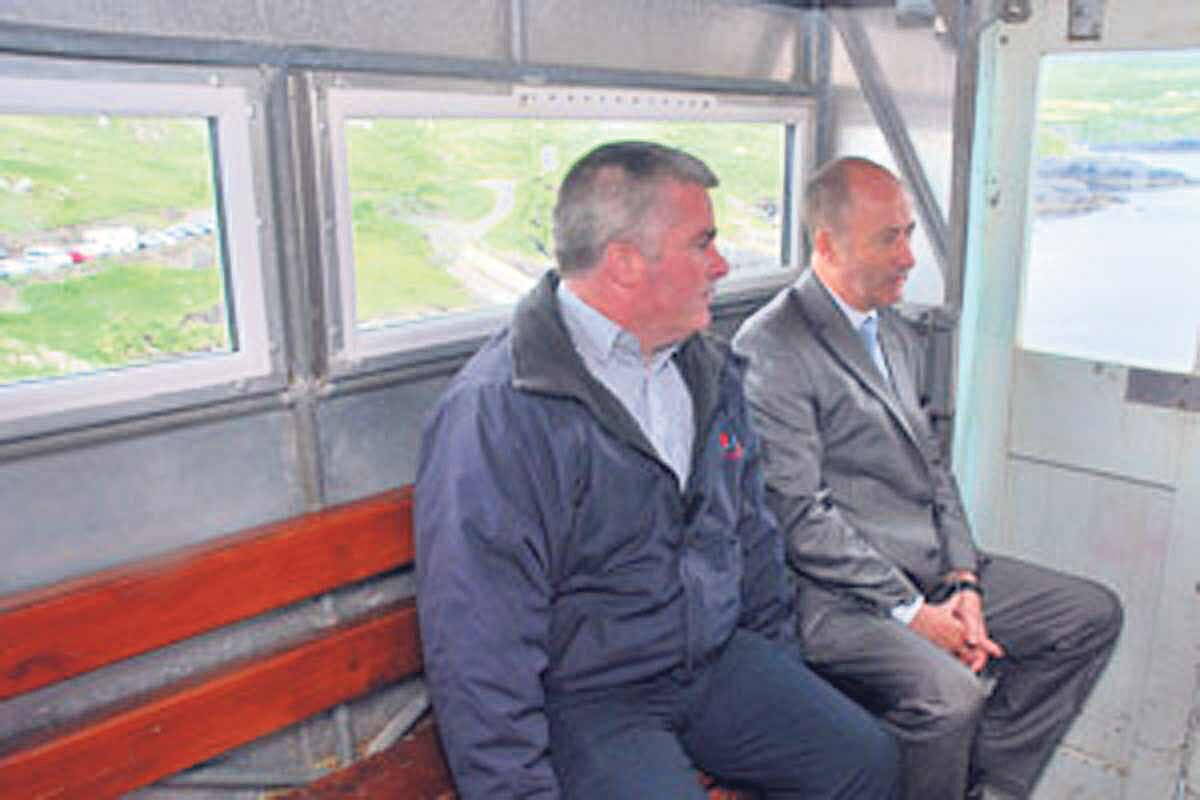 Cork County Mayor Alan Coleman and Finbar Harrington, Chair of Tourism West Cork on the Dursey Island Cable Car.