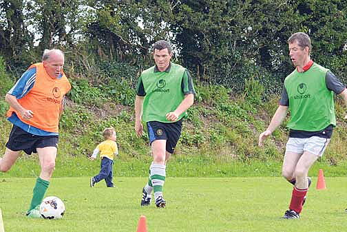 Preparations: Drinagh Rangers Legends Vincie Collins, Robert ORegan and Robert Jennings in action at a training session last weekend as they get ready to face the Liverpool Legends on Saturday, July 25th.