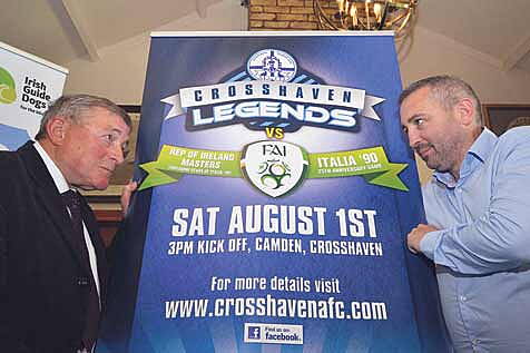 Ready for battle: Crosshaven Legends manager Bobby Tambling squares up to David Hall of the FAI Masters during the launch of the Crosshaven Legends v FAI Republic of Ireland Masters soccer match.