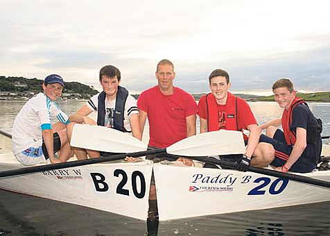 Ready to row: Members of Courtmacsherry Rowing Club that will host the county rowing championships at Broadstrand, Courtmacsherry this Sunday; from left, Anthony Fleming, Philip Brennan, Denis Griffin, Sam Nugent and Dylan Murphy. 