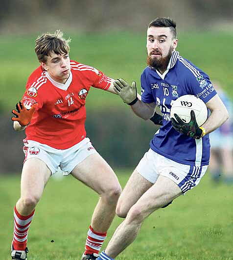 Kilmeens Cian McCarthy in action against ODonovan Rossas Joe Lynch during this years Clona Milk U21 B football championship semi-final.   