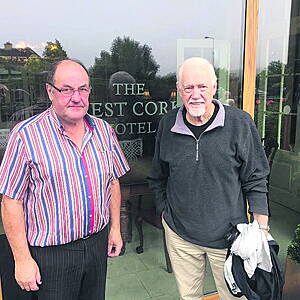 Tim Looney of the West Cork Hotel with guest Ronny Cox in Skibbereen this week and, inset, Ronny in the 