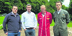 Pictured at the on-farm grain seminar hosted by Barrett Agri at Aherla were  from left  Brian Reidy, Premier Farm Nutrition; Stephen Gumbleton, Southern Fuel and Farm Supplies; Peter Hynes, host farmer, and Brendan Keatley, Samco.