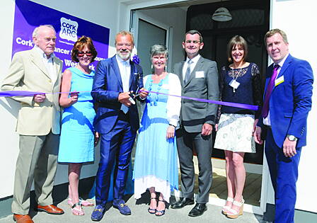 Graham Norton cutting the tape at the Opening of the Arc Cancer Care Centre in Bantry, with Bernard Uniacke, board of trustees; Ellen Joyce, Cork Arc; Tricia Lyne, West Cork Arc co-ordinator, Prof Seamus OReilly, chairperson, board of trustees Cork Arc; 