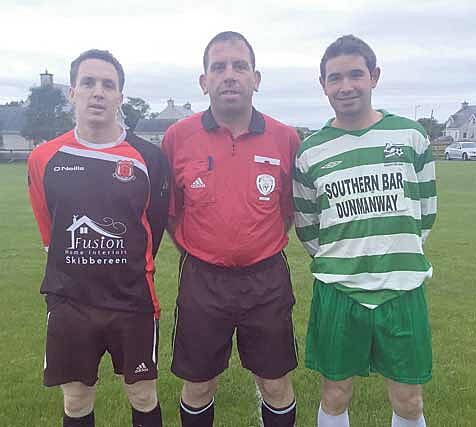 Keith Jagoe, captain of Drinagh Rangers, Patrick Hurley, referee, and Jerry McCarthy captain of Dunmanway Town prior to Thursday night
