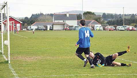 Ace marksman: Lethal Drinagh Rangers striker Barry ODriscoll beats Skibbereen goalkeeper Ryan Price to complete his hat-trick in his sides 6-1 win back in March - a victory that clinched the West Cork League Premier Division title for Drinagh.