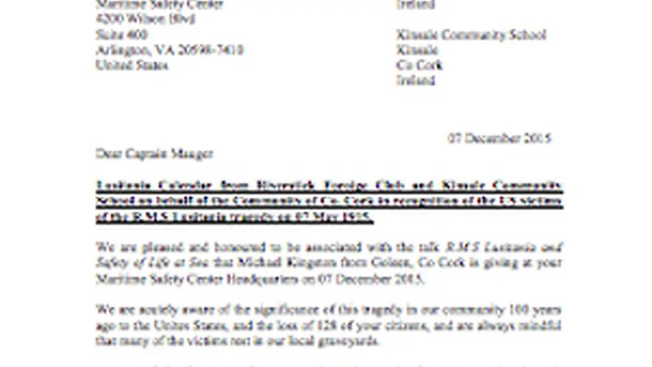 Kinsale students sent letter to US Coast Guard Image