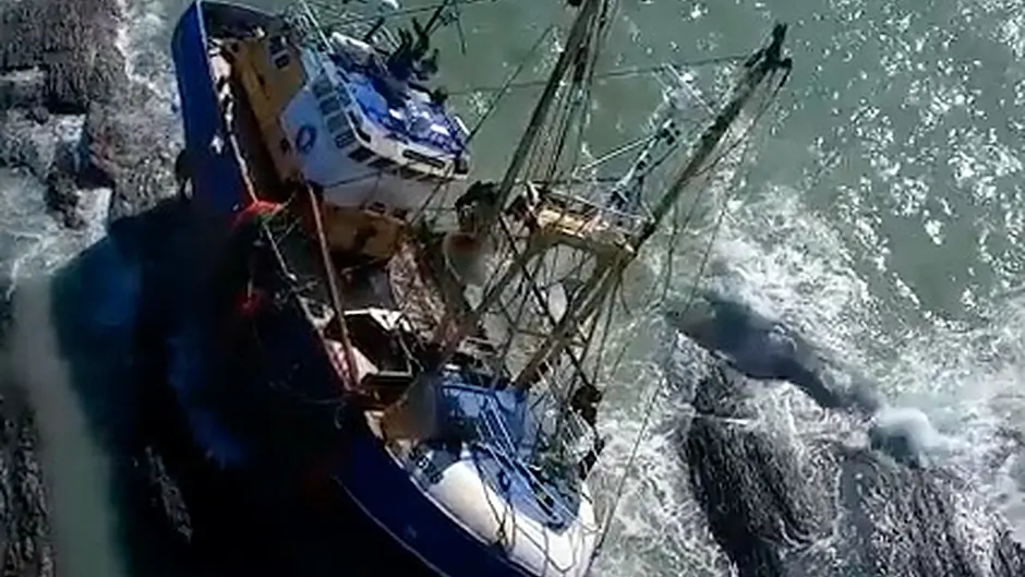 Spectacular drone footage of abandoned trawler on rocks in Kinsale Harbour Image