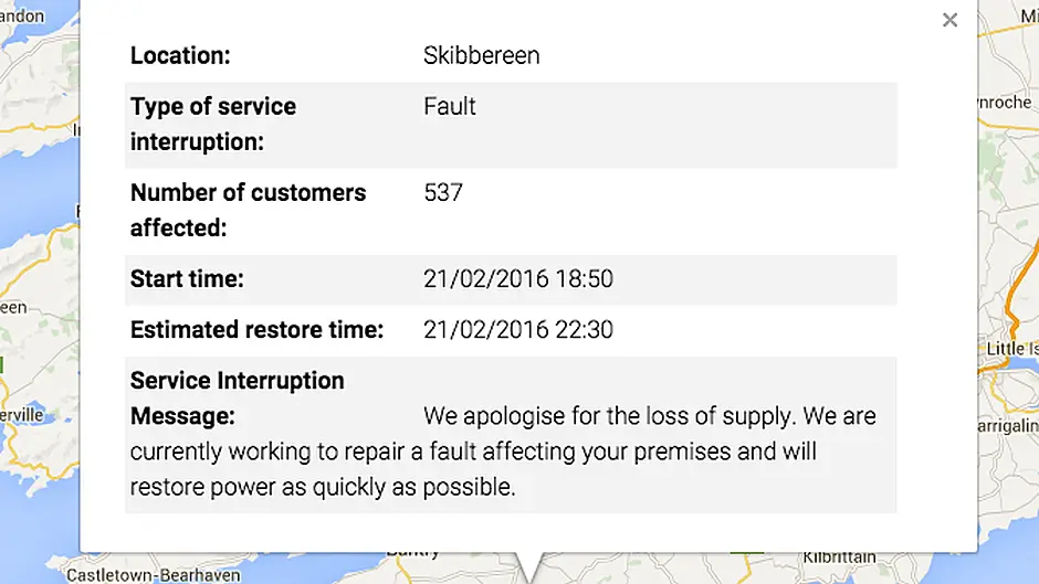 Power cut in Caheragh area outside Skibbereen Image