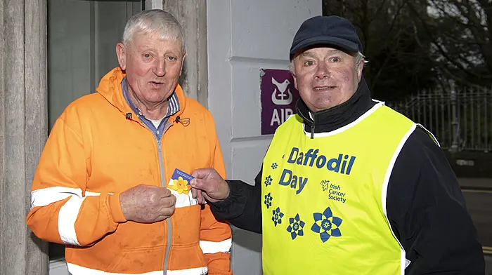 Timmy McCarthy, The Pike (left) supporting Daffodil Day with volunteer Kieran Hegarty in Clonakilty.  (Photo: Martin Walsh)