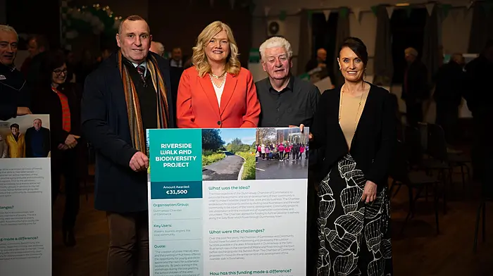 Representing Dunmanway Community Council and Dunmanway Chamber of Commerce were Tim Buckley, Tommy Collins and Cllr Deirdre Kelly with Sinead Dooley from Eirgrid.  A sum of €66,500 was awarded to Dunmanway Chamber of Commerce and Dunmanway Community Council which facilitated an extension to the Riverside Walk together with further upgrades and a biodiversity project in the Town Park.