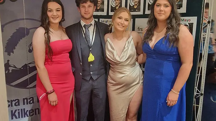 Clonakilty Macra members Olive Lenihan, Sarah Murphy and Aiesha Hurley supporting Conor O'Mahony (second from left) who represented both Carbery region and Clonakilty Macra at the Mr Personality Festival in Clonmel last weekend.