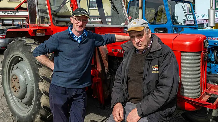 Timmy McCarthy from Skibbereen and Joe Newman from Ballydehob taking some time out at the Leap and District Vintage Club’s annual tractor run which was held recently in Leap in aid of Marymount Hospice and Bru Columbanus. (Photo: Andy Gibson)