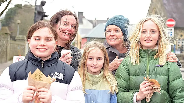 At the Friday market in Emmet Square recently were (from left): Susan and Ann Marie Gaynor from Clonakilty with Beau Callaghan, Sue Montgomery and Jake Callaghan from Castlefreke.  (Photo: Martin Walsh)