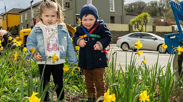 Leap and District Vintage Club held its annual tractor run on April 1st in aid of Marymount Hospice and Bru Columbanus where Ellie O’Donovan (3) from Caheragh and Matthew McCaughey (2) from Leap admired the daffodils.   (Photo: Andy Gibson)