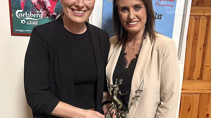 Claire Hurley (left) was presented with the player's player of the year award for Dunmanway Town Soccer Club’s women's team at a prizegiving evening in the Southern Bar last Sunday. The award was presented by Councillor Deirdre Kelly