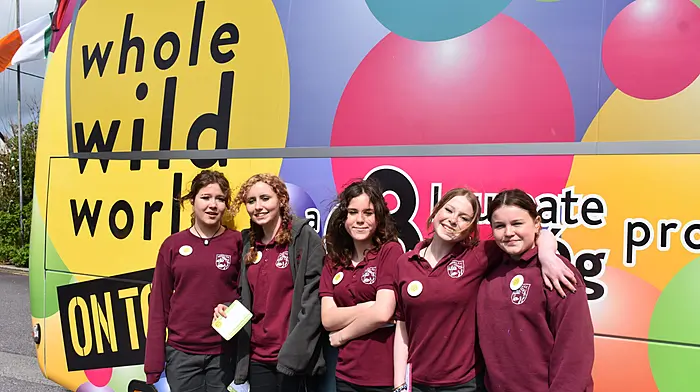 Schull Community College second year students Lily Savage, Robin Macri, Niamh Dunne, Méadbh Tierney and Rosa Barrett with the Laureate na nÓg Whole Wild World bus that visited the college on Friday.