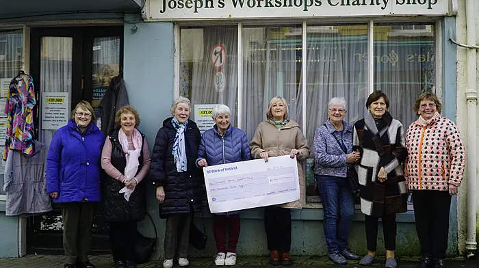 Clare Ryan (fourth from left) of The Joseph’s Workshops Charity Shop recently presented a €1,000 cheque to Rose Marie Dempsey, manager of the Clonakilty Special Olympics club. Included are shop volunteers Shelia Jennings, Greta Cooke, Teresa Cullinane, Frances Cowhig, Nuala Finn and Nora McCarthy.