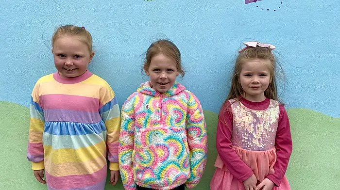 Dromore National School pupils Ellie-Rose Crowley, Amy McCarthy and Isabelle Daly wearing their brightest colours for Rainbow Day, a fundraising event held at the school in aid of Pieta House.