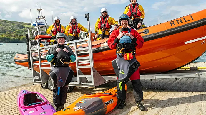 The launch of the Paddle 4 Life charity fundraiser took place in Union Hall last Saturday. Organised by renowned kayaker Anaís O'Donovan, the Paddle 4 Life team plans to raise money by paddling 10,780km for the RNLI, a number which represents 10km for every Irish lifeboat launched in 2021. At the launch are RNLI Lifeboat crew members Hugh McNulty, Cathal Deasy, Aodh O'Donnell and Ríona Casey with kayakers Anais O'Donovan and Simon Champ.   (Photo: Andy Gibson)