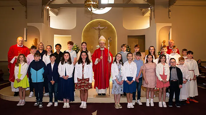 Pupils from Rath National School recently celebrated their Confirmations. Back (from left): Fr Evin O’Brien, Louie Hedger, Maura Collins (teacher), Maggie Hallihane, Kingsley Crosby, Senan Whooley, Grace Fitzgerald, Bishop Fintan Gavin, Charlie Cottrell, Fiachra Garrett, Annie Collins, Fionn Daly, Ian Fitzgerald, Oran Keane (altar servers) and Fr John Heinhold.  Front (from left): Caoimhe Cottrell, Bill O’Driscoll, Paddy Sheehy, Aisling McDermott, Ava McDonagh, Anna Walsh, Emer Crowley, Tadhg Ronan, Molly O’Neill, Alexis O’Regan, James Hurley, Darragh Murphy and Rowan O’Neill (altar servers).      (Photo: Kornel Photography)