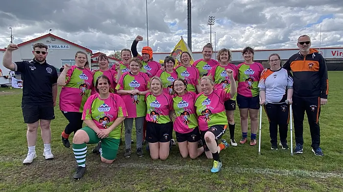 Last Saturday, prior to the MARI’s game, the West Cork Jesters mixed ability ladies team played an exhibition match against the Ballincollig Trailblazers at Virgin Media Park.  There was great fun and camaraderie for everyone involved. Back (from left):  Aodh Dunne (coach), Ellen O’Donoghue, Mairead Cronin, Orlaith Cronin, Farrah O’Shea, Jessie Nicholson, Fiona Riney, Geraldine Middea, Katie Nicholas, Noreen O’Shea, Tara Thornton, Emily Cotter and Dave Lee (coach).  Front (from left):  Inge (MARI player from Belgium), Linda McCarthy, Abbey O’Shea and Christine Colgan.  Ellie McCarthy was missing from the photo.
