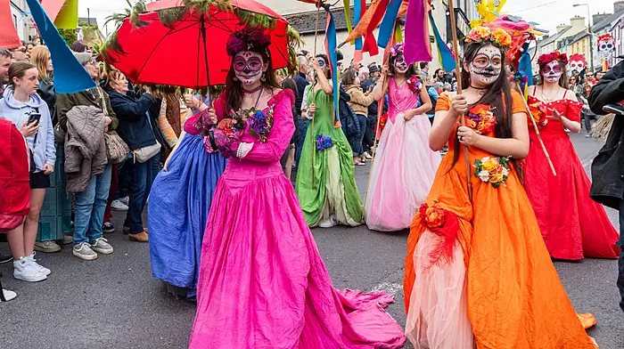 The annual Ballydehob Jazz Festival’s New Orleans style funeral took place in front of thousands of spectators who had assembled on Main Street to watch the procession make its way through Ballydehob.  (Photo: Andy Gibson)