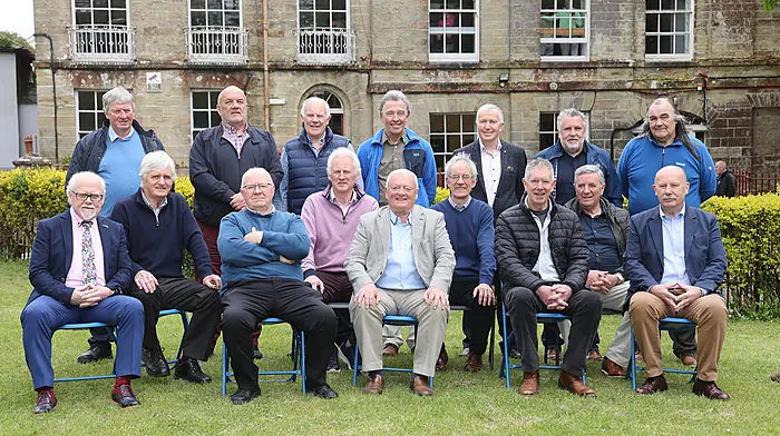 At a 50th anniversary reunion of Hamilton High School’s Leaving Cert class of 1974 were (seated, from left): Barry Connolly, Gerard Lyons, David Murphy, John O’Callaghan, John A Collins, Donal Collins, Denis Coffey, Michael Brennan and Plunkett Taaffe. Back (from left): Timmy Lordan, Michael Crowley, Con Downing, Tim Cummins, Michael Flynn, Martin Keane and Pat Walsh.     (Photo: Donie Hurley)