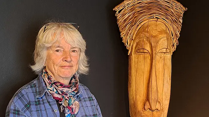 Sarah Webb beside her favourite piece of art crafted by her dear friend Susan O’Toole. Sarah provided the bulk of the artworks presented in the retrospective exhibition at the Ballydehob Arts Museum