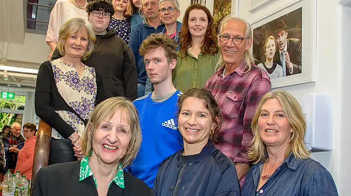 Art lecturers Caroline Smith, Julia Pallone and Jane Skovgard with their students at the opening of the Expressions art exhibition by level five and level six students at Kinsale Campus.  The exhibition will run until May 17th at the campus. (Photo: John Allen)