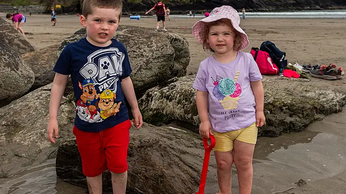 Enjoying the sunshine at the Warren Beach in Rosscarbery were Harry and Éaladh Walsh. (Photo: Andy Gibson)