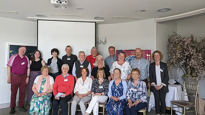 At the recent agm of West Cork Toastmasters, held in the Celtic Ross Hotel in Rosscarbery, were (front, from left): Tess White, Paddy French, incoming president Maura McCabe, Siobhán Cronin, Mary O'Callaghan and outgoing president Audrey Harris. Back (from left): Billy Barry, Rebecca Hayes, Geraldine Collins, Peter Shanley, Donal Barry, Declan Kavanagh, Anne O'Mahony, Alun Rees, Rachel O'Neill, Clive Salter and Celine Jackson. The group, which builds confidence in public speaking, meets every second Saturday morning at 11am.