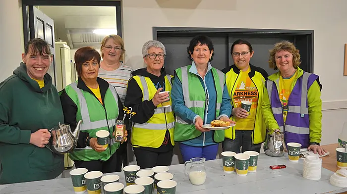Volunteers who organised and helped out during the Skibbereen Darkness Into Light walk from left,
Claire Fitzgerald, Jackie McCarthy, Mary Margaret Fitzgerald, Renee O'Mahony, Helen Dempsey, Martina Courtney and Mary Jacinta Casey. (Photo: Anne Minihane)