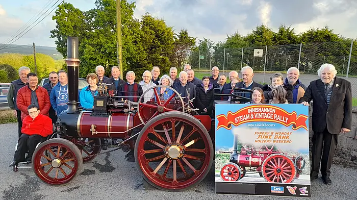 The 2024 Innishannon Steam and Vintage Rally was launched on May 13th. The event included Martin Desmond (chairperson), Mary Desmond (secretary), PJ Ryan and Bill O'Sullivan (joint treasurers), Nicola McMahon (Munster community fundraiser for the Irish Cancer Society), committee members and volunteers.