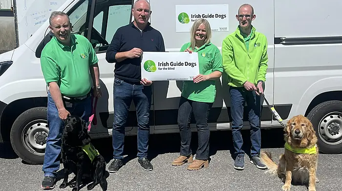 The Kinsale branch was presented with magnetic signs for the Irish Guide Dogs vans which were supplied and sponsored by Robert Walsh at Walsh Print and Graphics Clonakilty. From left: Liam Hennessy with ambassador dog Peppa, Robert Walsh from Walsh print and Graphics Clonakilty, Geraldine Hennessy and Ken Walsh with working guide dog, Marley.
