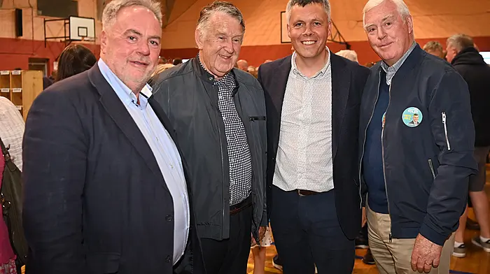 Timoleague’s John Michael Foley (second from right), who was elected to the constituency of Bandon-Kinsale LEA for the very first time with (from left): John O’Brien (Baryroe), Padraig Fleming (Courtmacsherry) and Edward McSweeney (Timoleague) at the count centre in Clonakilty.  (Photo: Martin Walsh)