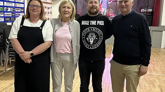 St Michael's Centre committee members Sharon Ryan, Sharon O'Flynn and Jerry Megihan giving singer songwriter George Murphy a ceád míle fáilte mór to Gaggin Community Hall last weekend where he sang in concert. Proceeds from the concert and raffle were in aid of St Michael's Centre.