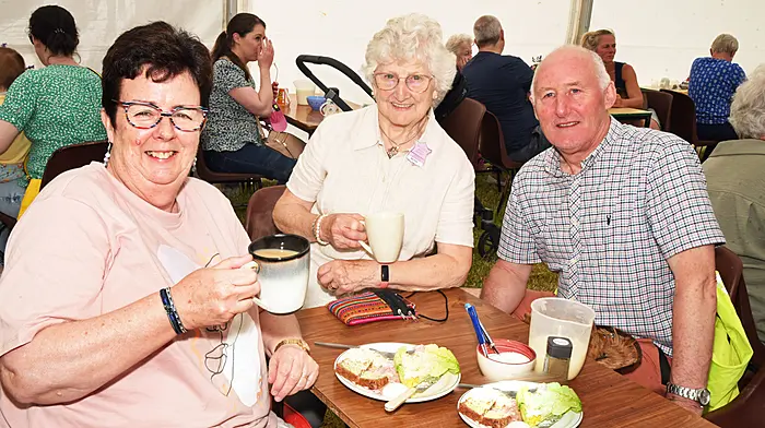 Noreen Quinn (Old Head Kinsale), with Betsy Aherne (secretary of the catering tent)  and Pat O'Leary (volunteer), at the Belgooly Show. (Photo: Siobhán Russell)